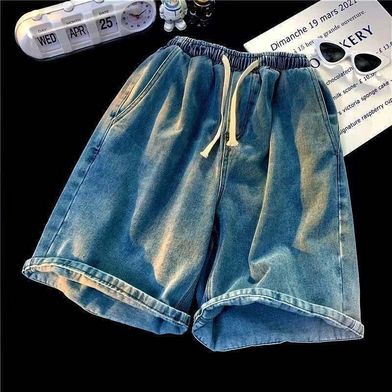 2024 Hong Kong Style Retro Washed Denim Drawstring Shorts