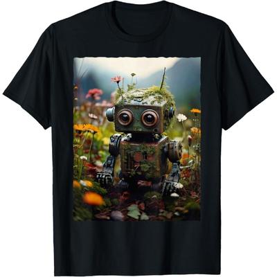 Cute Little Robot with Flowers In Nature T-Shirt