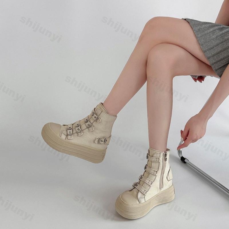 Fashion Retro Fashion Buckle Design Thick Soled Casual Canvas Short Boots for Women 2025 Autumn Comfortable Non Slip Chunky Ankle Boots