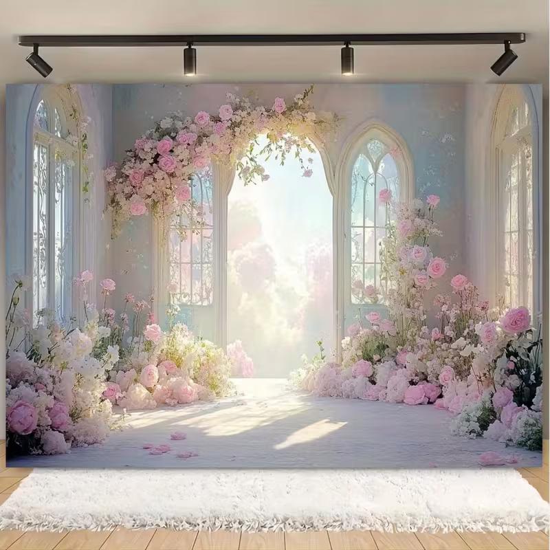 

2D Dreamy Pink Floral Castle Backdrop for Wedding Ceremony & Bridal Shower 47.2x31.5inch/120*80cm