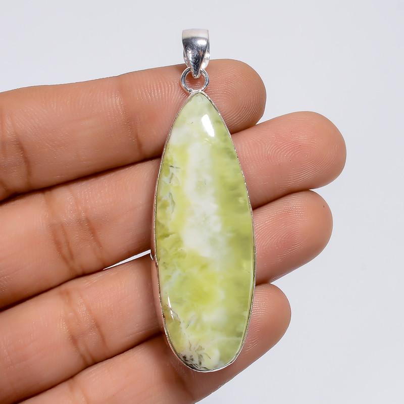 

Amazing Top Grade Qualite 100% Natural Lemon Prehnite Pear Shape Ethnic Style Handmade Jewelry 925 Steling Silver Pendant 2.2 WSJ-5013 2.2