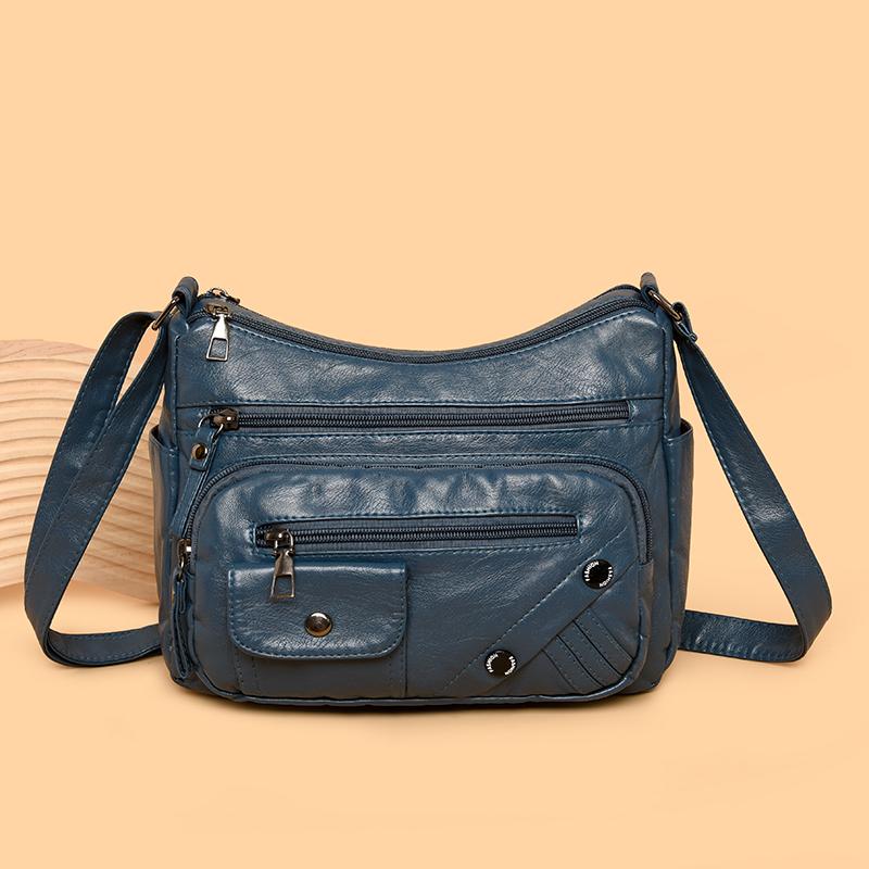 Dameveske i mykt skinn Mammaveske Flere rom Flere glidelåser Stor kapasitet Skulderveske Crossbody-veske