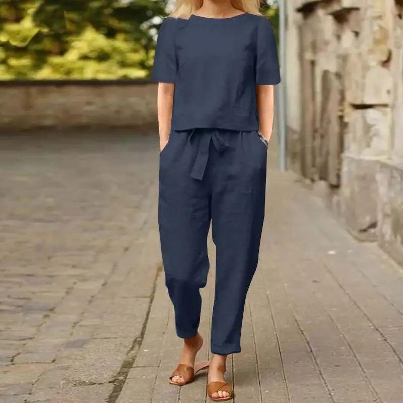 and American Women clothes Cotton and Linen Summer with Set Half Sleeve O Collar Super Large Cover Up E Wide Leg Pants Retro Sets Direct Sales