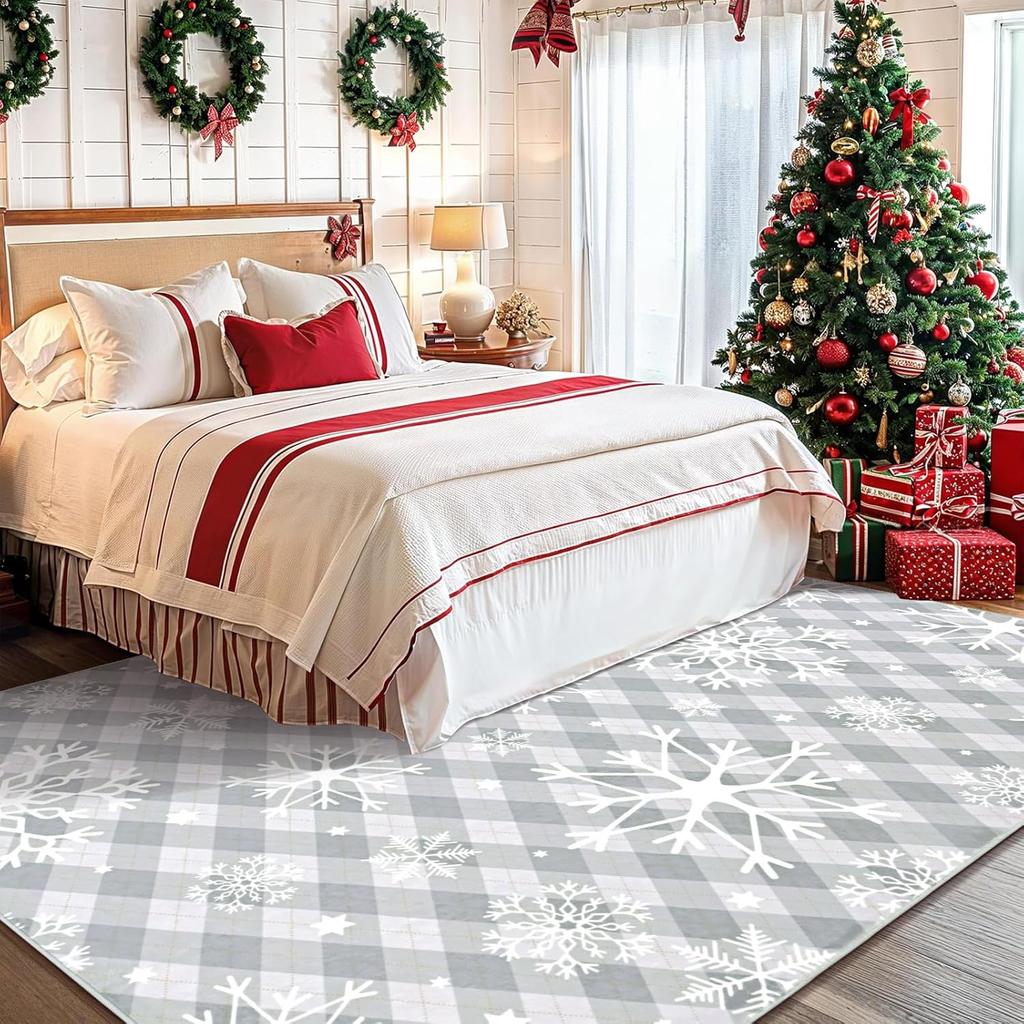 Christmas Area Rug Rugs Soft Washable Rug for Bedroom, Non Slip Snowflake Xmas Throw Rugs Winter Checkered Christmas Carpet for