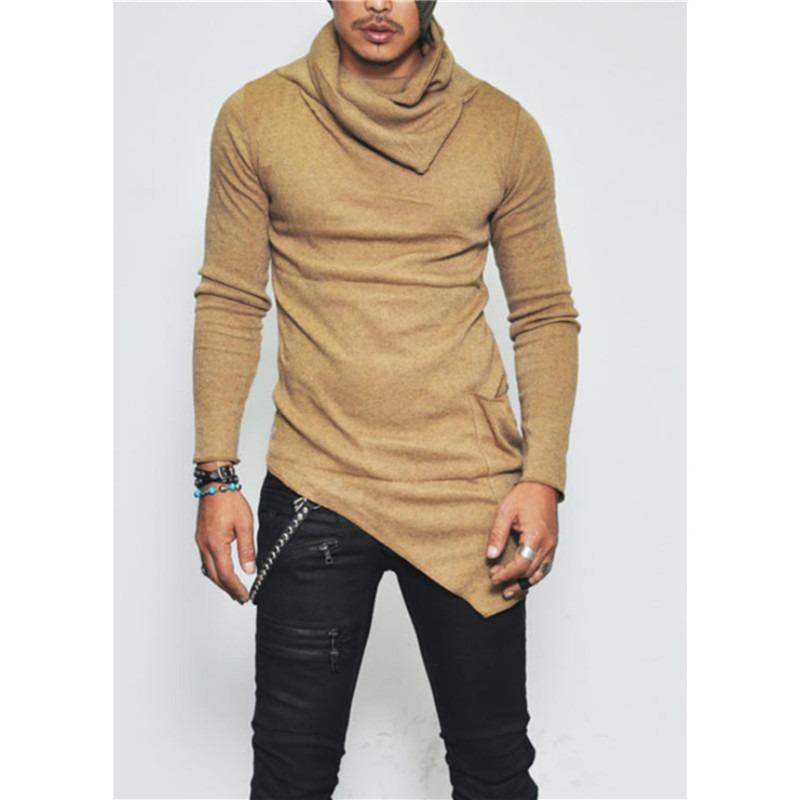 Autumn Winter Fashion Men's Plus Size Irregular Turtle Shirring Pocket Long Sleeve Personality T Shirt