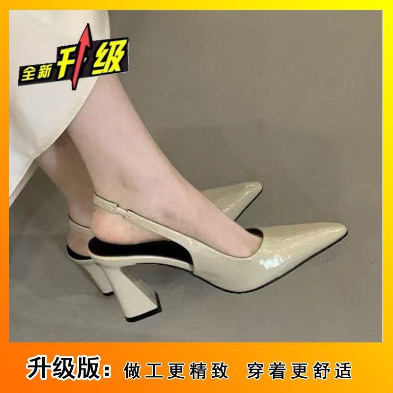 Internet celebrity explosion versatile thick heel pointed empty sandals soft leather high heels temperament shoes women 2025 summer and autumn new