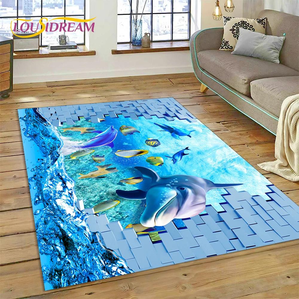 Tappeto Tappeto Decorazione Tappetino per Pavimento Decorazione Cartoon Mondo Sottomarino Illusion 3D Fondo Marino Squalo Delfino per Camera da Letto Soggiorno Divano, Decorazione Bambino