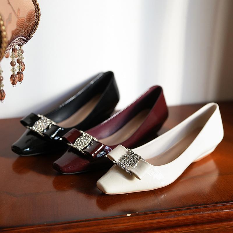 Luxury Flash Diamonds~ Sweet Temperament Wedge Heels Flats Women's Square Head Bow Single Shoes Casual Spring and Autumn