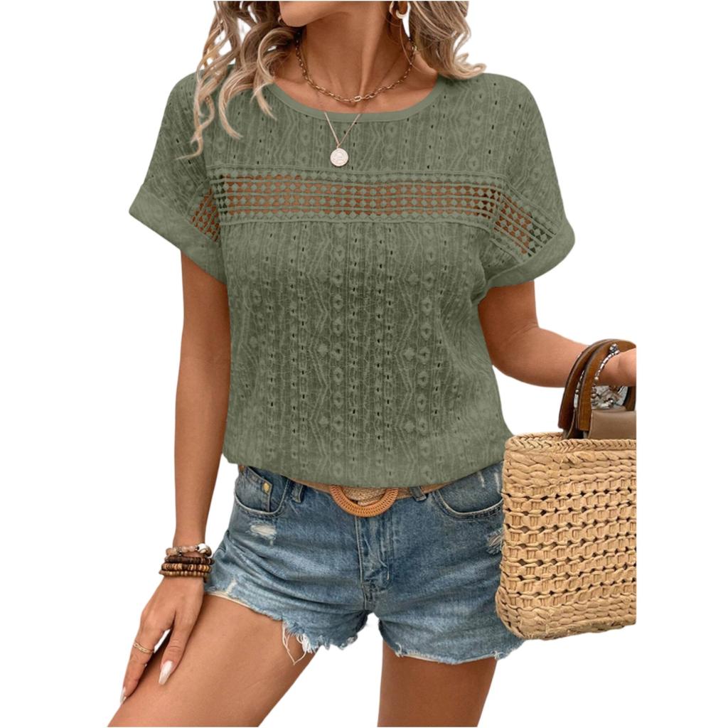 Women's Fashionable Casual Lace Hollow-out Round Neck Short-sleeved Top