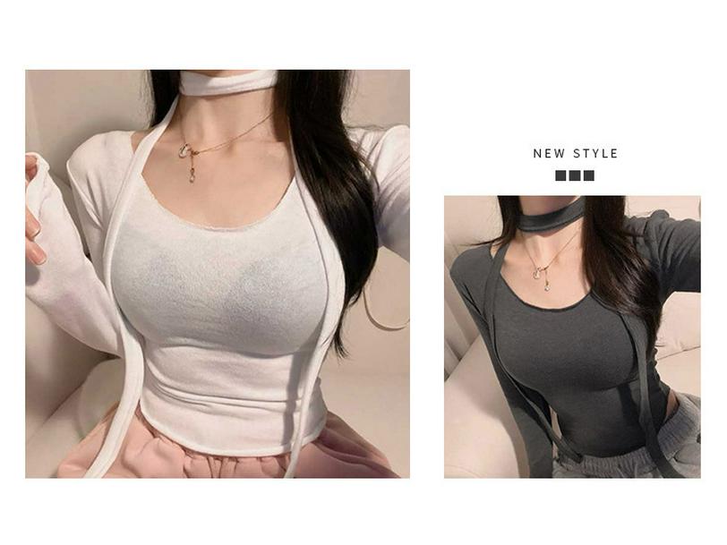 Korean Dongdaemun U-Neck Ribbon Slimming Long-Sleeve T-Shirt for Women - Sexy & Versatile
