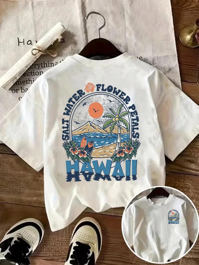 Hawaii Salt Water Flower Petals Graphic Tee Summer Beach Vacation Tshirt Tropical Island Style Casual Short Sleeve Top