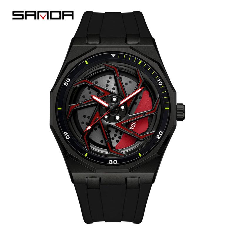 Sanda Men's Waterproof Alloy Car Wheel Design Silicone Wristwatch
