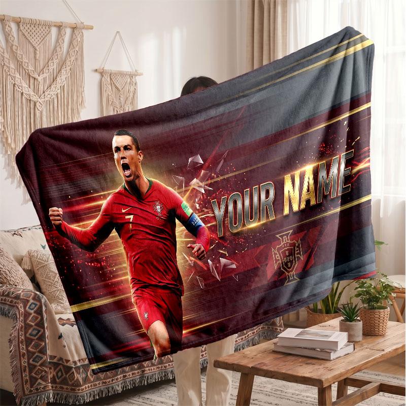 Coperta Personalizzata in Pile Cristiano Ronaldo con Logo Calcio, Testo Nome Personalizzato Morbida Calda Coperta da Divano per la Casa