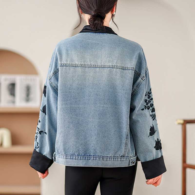 Vintage Print Denim Jacket Women Spring Autumn Fashion Long Sleeve Jeans Short Coat Female Loose Cowboy Outwear