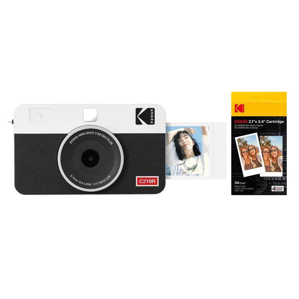 Kodak Mini Shot 2 Retro 4PASS Instant Camera Photo Printer Camera Body White 2-in-1 & (5.3x8.6cm) + (8 sheets) + 30-sheet bundle,