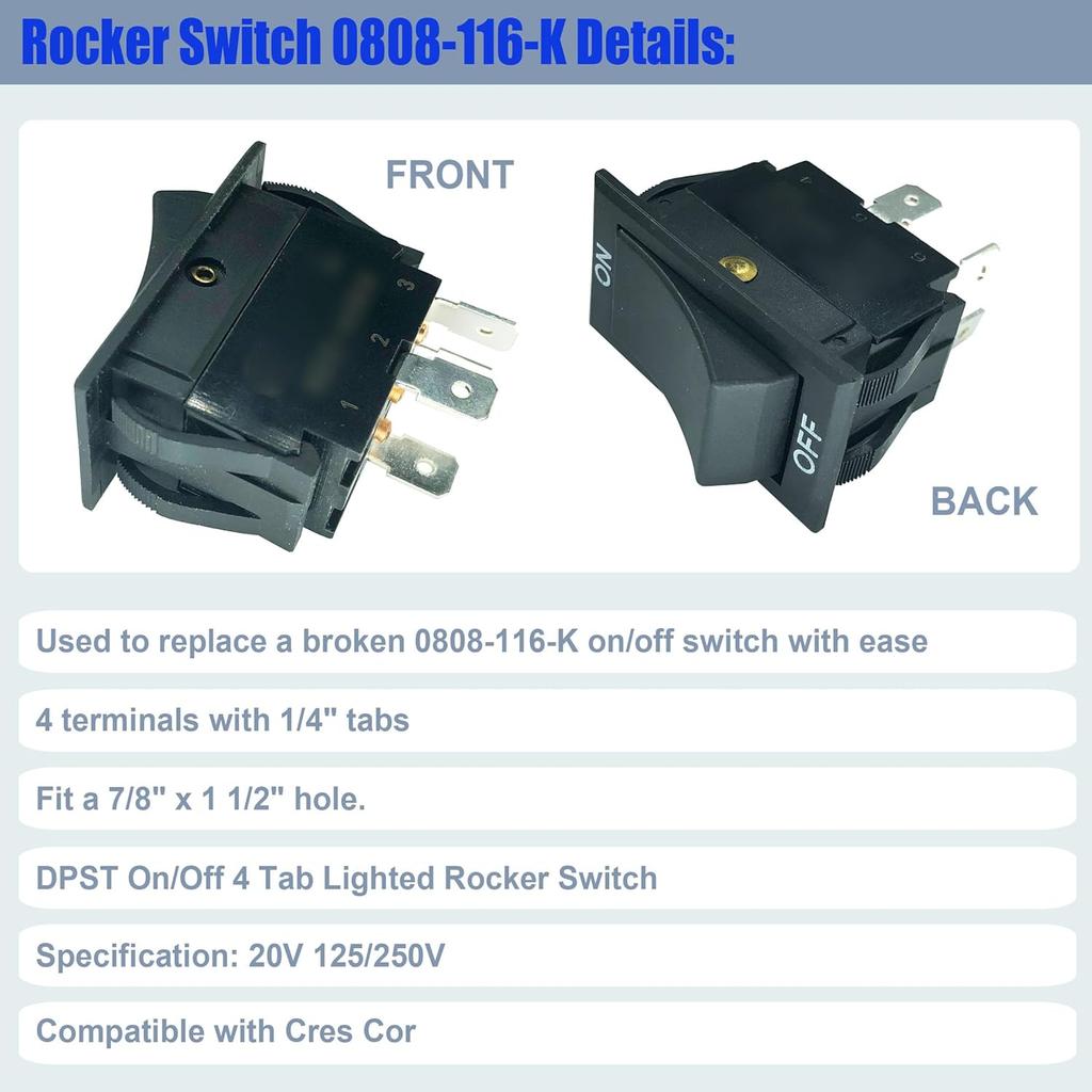 0808-116-K On/Off Rocker Switch Replacement for CRES Cor Equipment 0808-103-1 20A 125/250V(DPST)