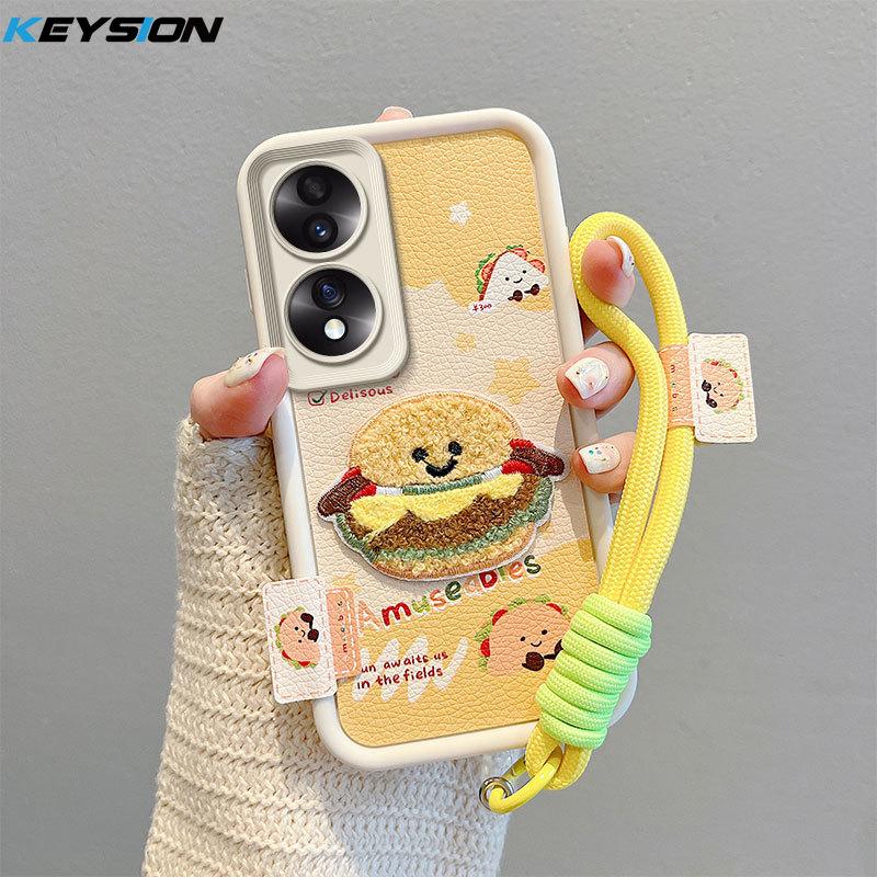 KEYSION Cartoon Cute Plush Embroidery Case for HONOR 70 5G with Lanyard Silicone Shockproof Phone Cover for Huawei Honor 70