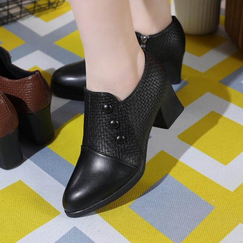Single Shoes Women's Spring and Autumn New Thick Heel Pointed Small Leather Shoes Side Zipper