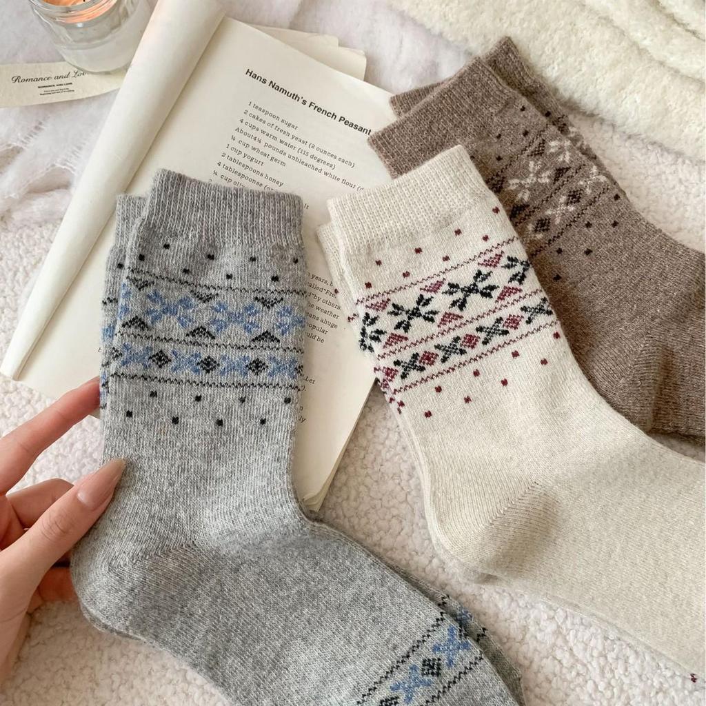 Fair Isle Vlněné ponožky s motivem sobů - Teplé ponožky střední délky v japonském stylu s mašlí na podzim a zimu