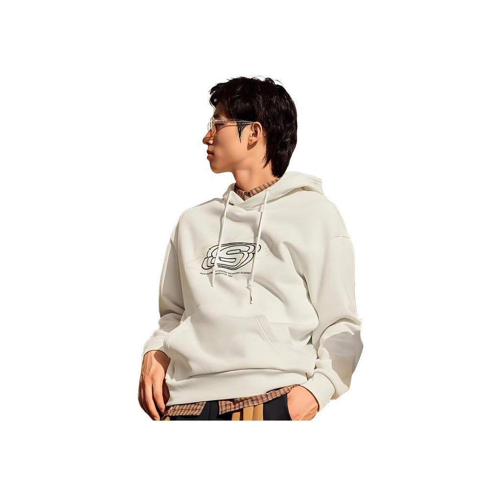 Skechers Retro Letter Print Hooded Long Sleeve Sweatshirt Unisex sweatshirt Cotton-Candy-White L323U081-0074