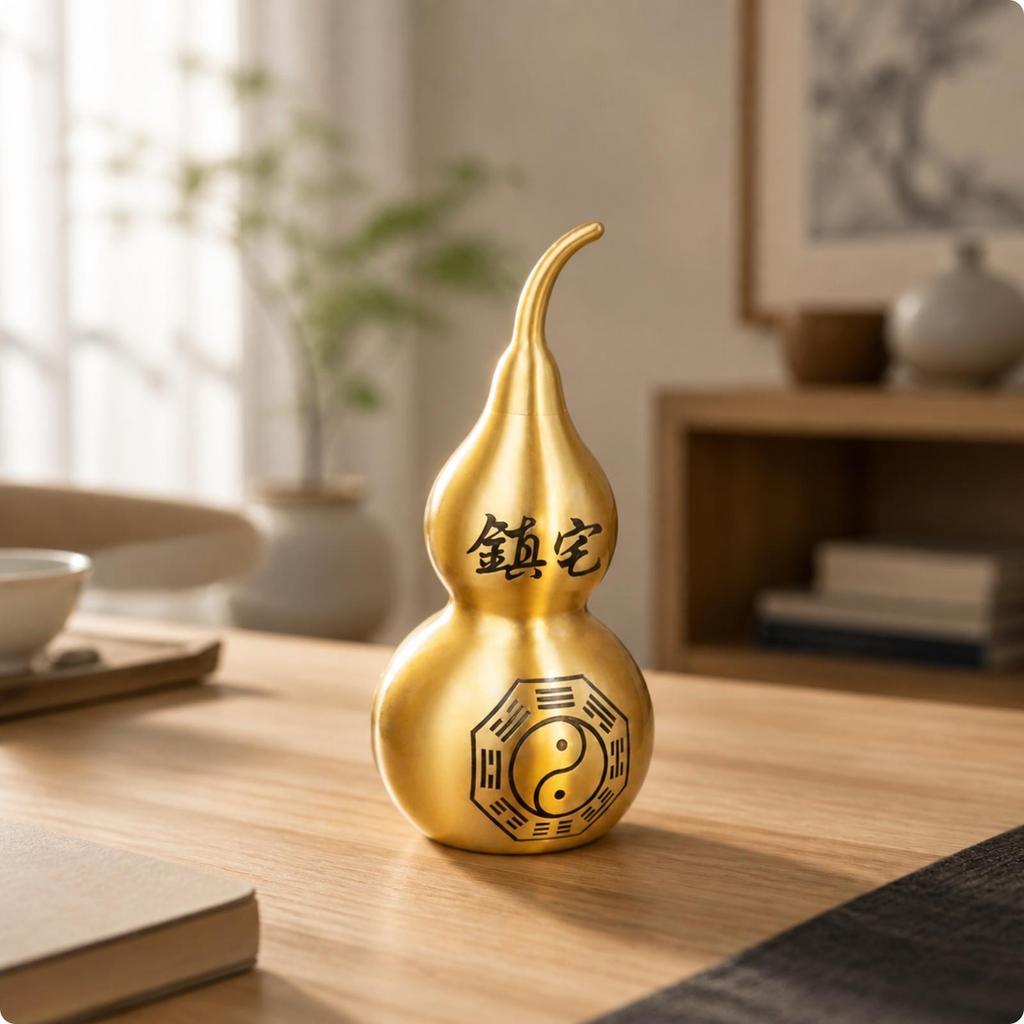 Feng Shui Brass Gourd with Bagua Symbol | DoubleLobed Shape, Calabash YinYang Motif, for