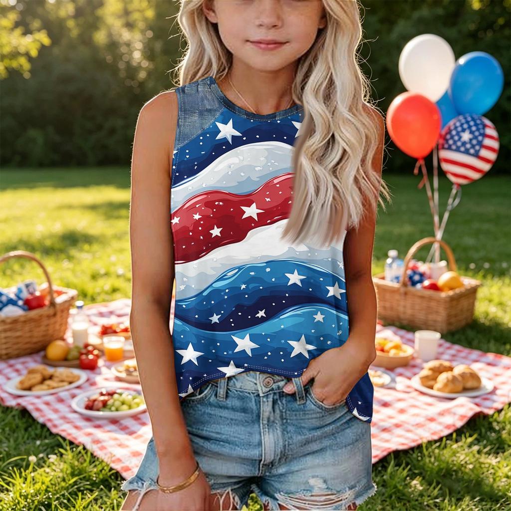 Sleeveless Loose Fit Tank Top with Abstract Swirl Print and Denim Shoulder Panels Round Neck Casual Summer Shirt for Women