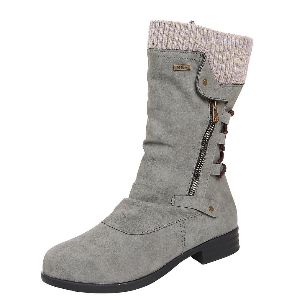 2021 Autumn/Winter Women's Plus Size Leather Boots, Round Toe with Wool Trim and Side Zip