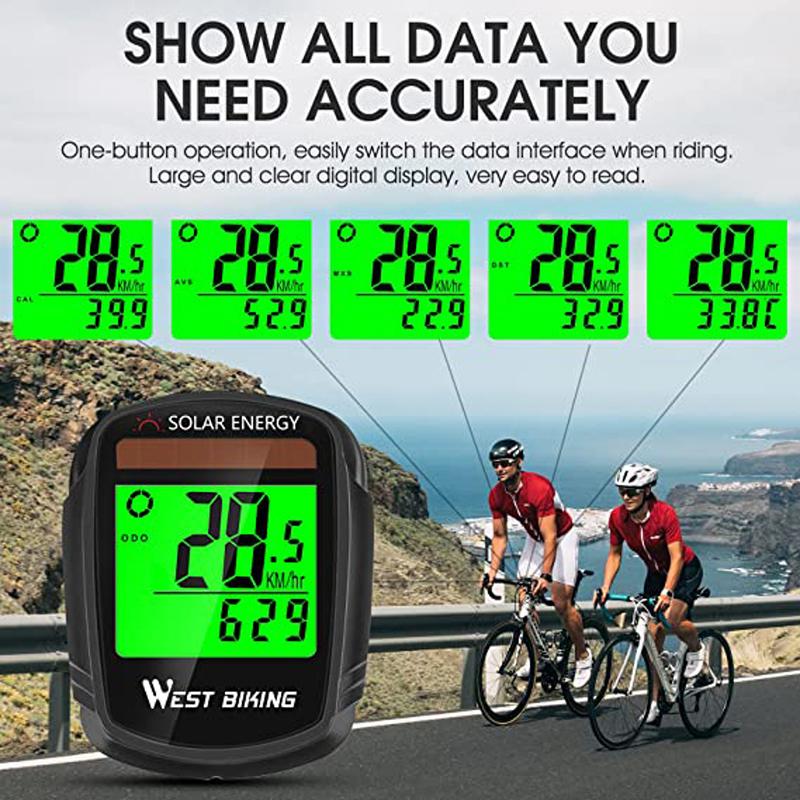 WEST BIKING Solar Powered Bike Computer Wireless Waterproof Bicycle Speedometer Odometer Automatic Wake-up Bicycle Computer2