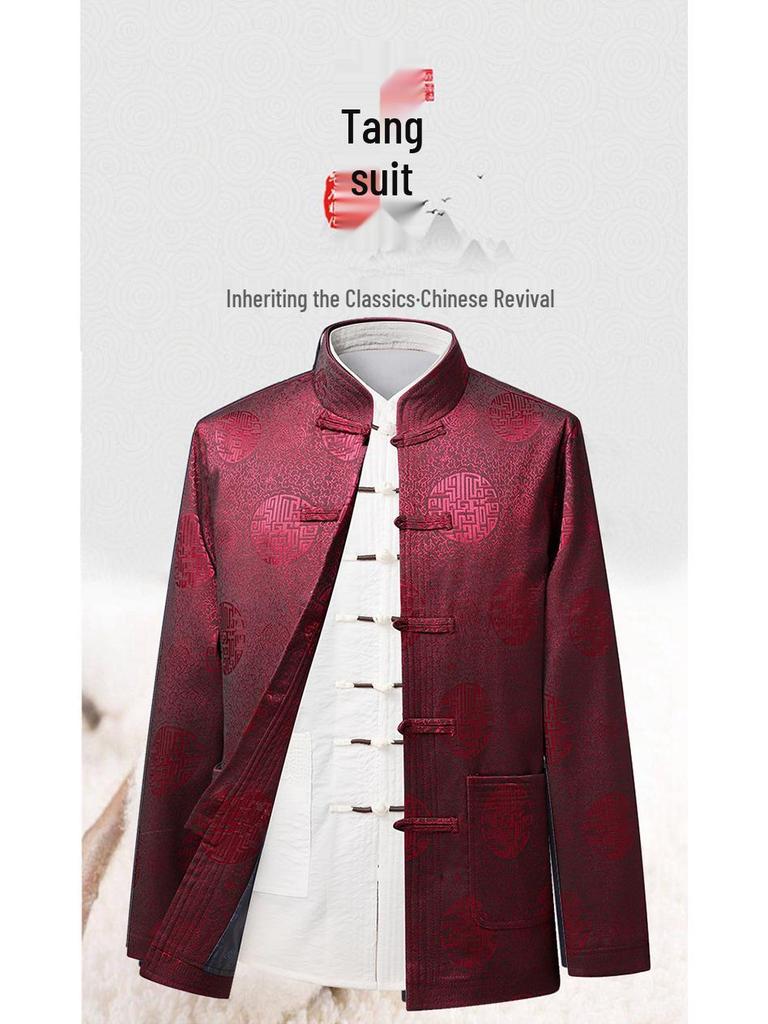 Men's Autumn Stand Collar Tang Suit Jacket - Long Sleeve Casual Coat for Middle-Aged & Elderly