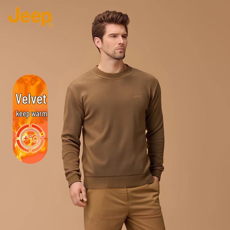 JEEP Men's Thick Chenille Fleece Embroidered Round Neck Sweater