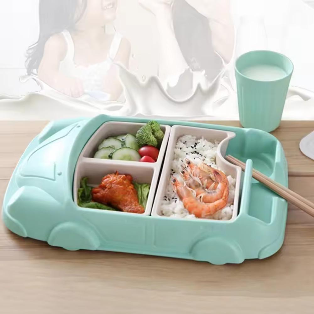 

Compartment Children s Lunch Plate with Cup Feeding Food Tray Car Shaped Dinner Plate Kids зелёный