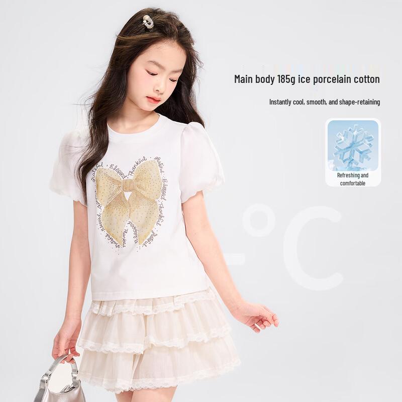 Girls' Rhinestone Bow Print Short Sleeve T-shirt