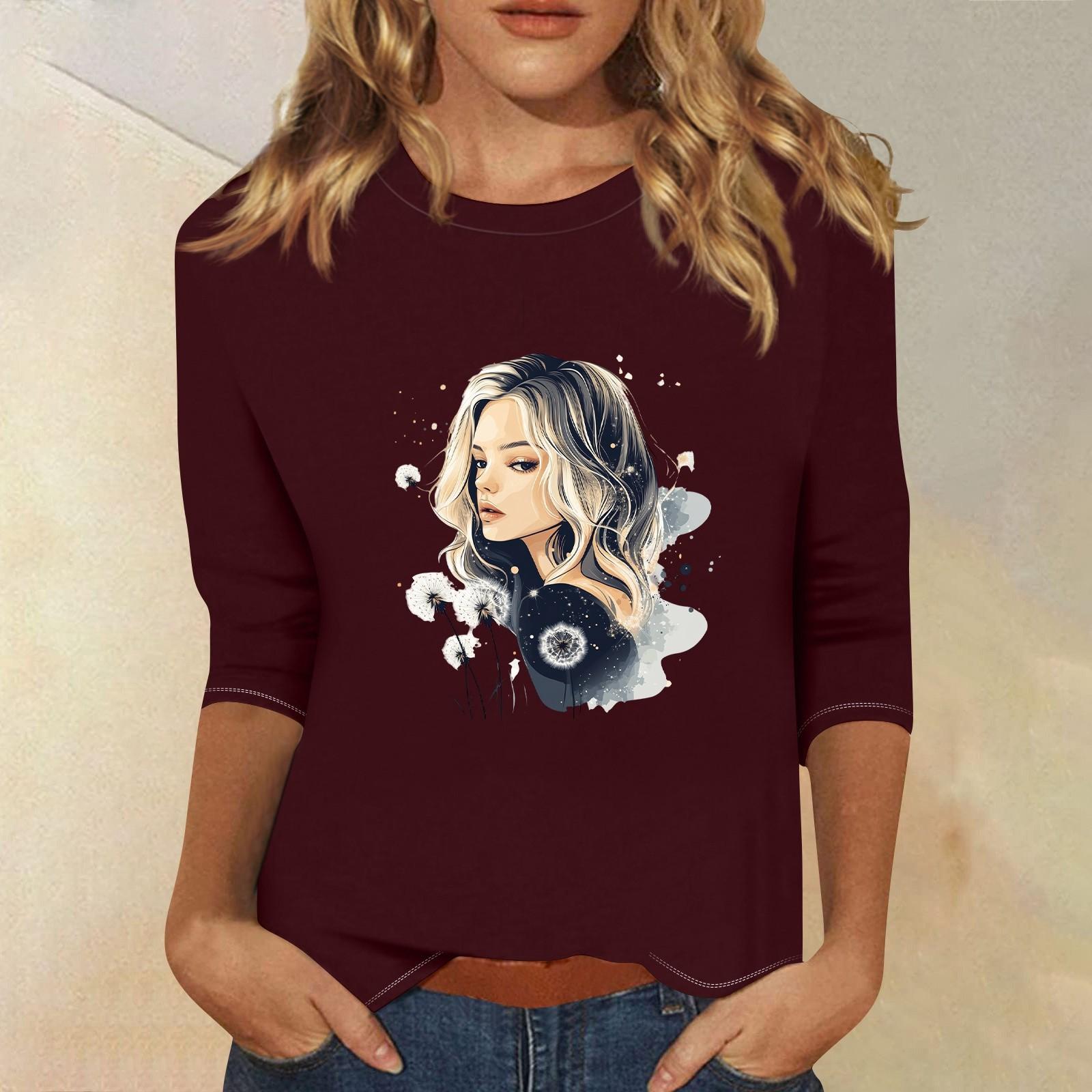 

Топи з рукавами 3/4 для жінок Футболка Повсякденні топи з принтом Футболка з круглим вирізом Пуловер Блуза S винний