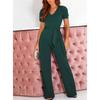 Damen Jumpsuit mit kurzen Ärmeln, V-Ausschnitt, hoher Taille, einfarbig, lässig, weites Bein, mit Gürtel