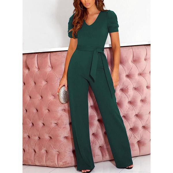 Damen Jumpsuit mit kurzen Ärmeln, V-Ausschnitt, hoher Taille, einfarbig, lässig, weites Bein, mit Gürtel