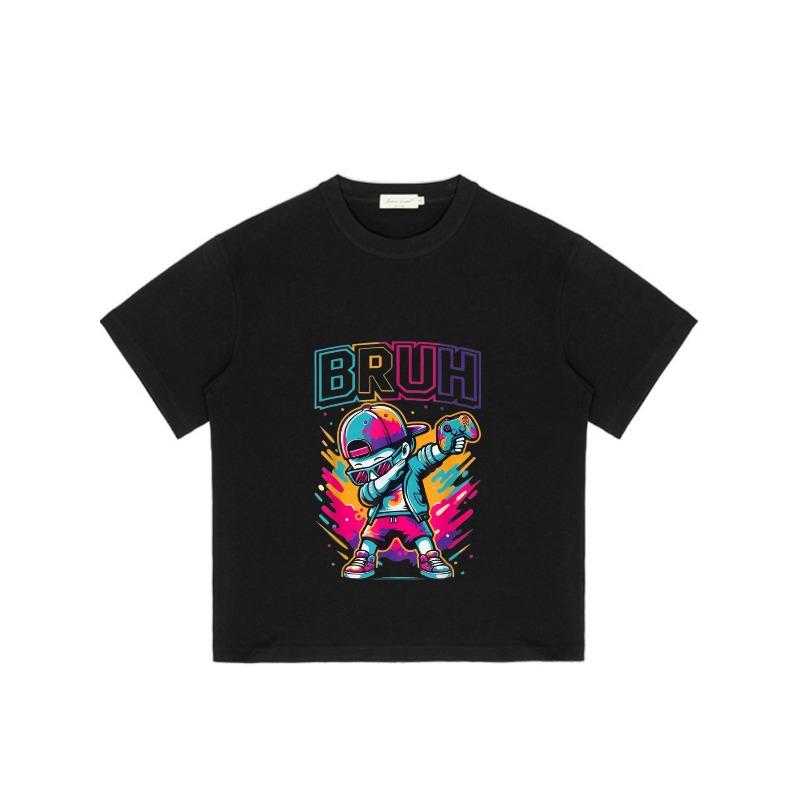 Black T Shirt with Colorful Cartoon Character and Bruh Text Graphic for Casual Wear