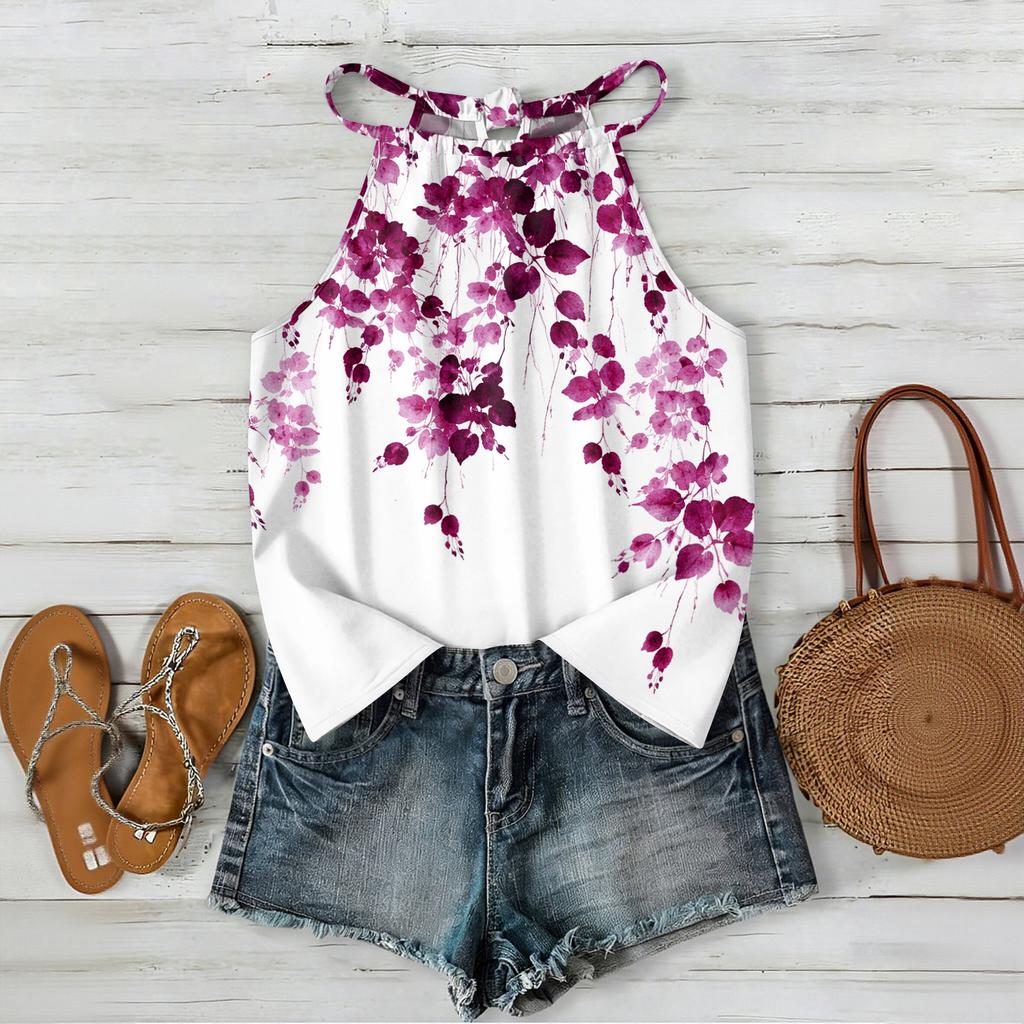 Women Sleeveless Bohemian Floral Print Tank Top Loose Fit Neck Blouse Casual Summer Lightweight Camisole Shirt