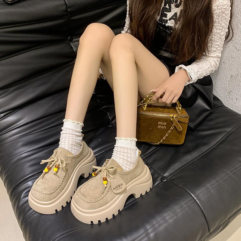 2025 Popular Retro Round Toe Lace-up Women's Shoes, British Style Platform Soles, Versatile Small Fringe Shoes, Women's Single Shoe Trend