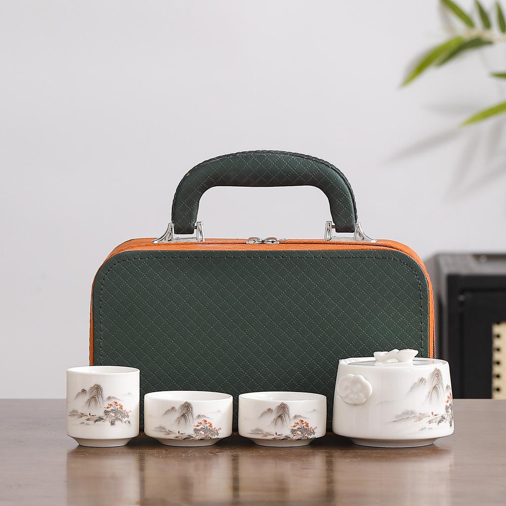 Chinese Style Portable Travel Ceramic Tea Set Outdoor Camping Dry Brew Tea Table Kung Fu Teapot Teacup Portable Bag Gift Box