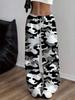 Women's casual wide-leg pants in black, white and gray camouflage pattern in a comfortable, loose fit