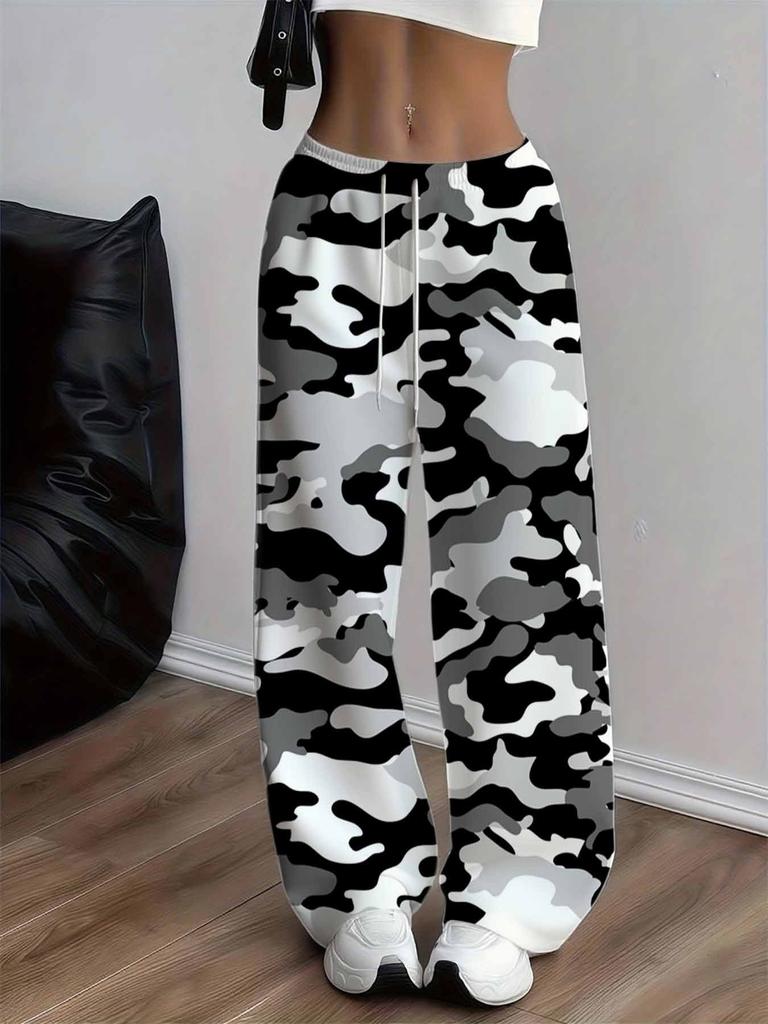 Women's casual wide-leg pants in black, white and gray camouflage pattern in a comfortable, loose fit