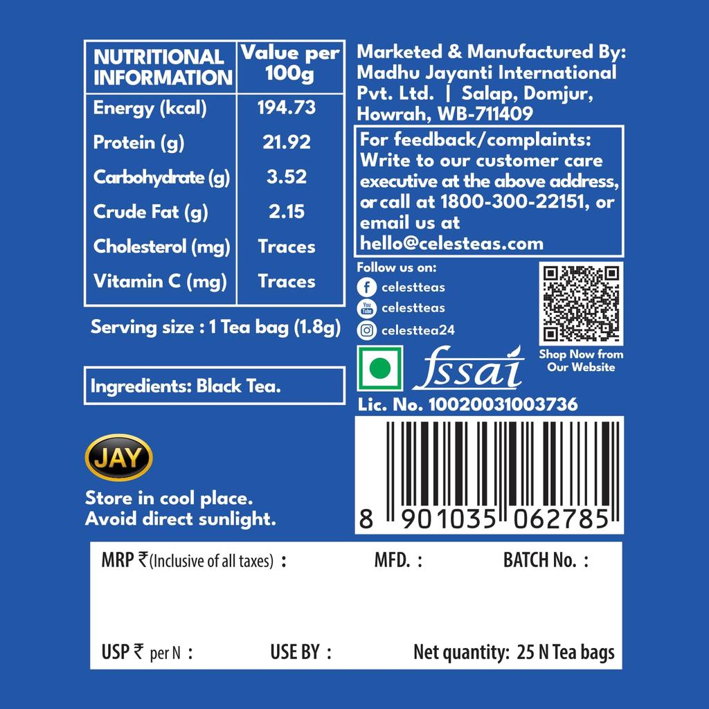 Celest Assam Black Tea Bags 25 Tea Bags X Pack of 2 Premium Single Serve Infusion Rich Flavor