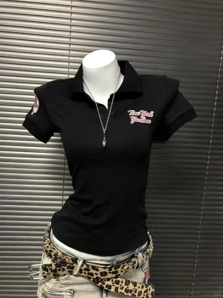 Vyšívané rameno Polo rolák Krátky rukáv Tričko Dámsky letný dizajn Horúce dievča Vintage Preppy štýl Krátke tenké tričká Outfity