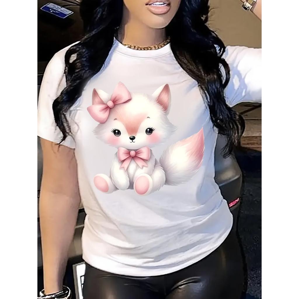 Cute Cartoon Fox Printed Short-Sleeve T-Shirt for Women, Made From Comfortable and Breathable Fabric, Perfect for Casual