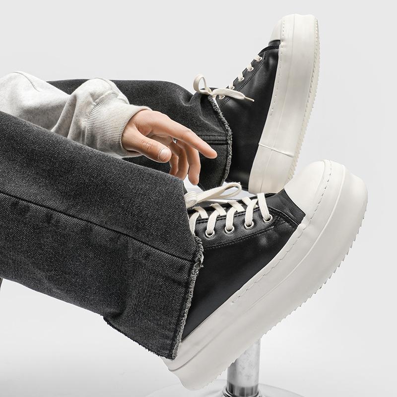 

2025 новая кожаная обувь средней высоты на толстой подошве с увеличением роста, мужская, модная спортивная и повседневная обувь для скейтборда X272 39 чёрный