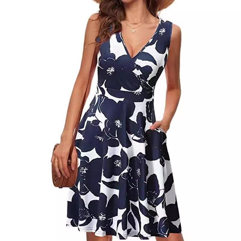 Women Elegant V Neck Sleeveless Printed Pocket Floral A Line Midi Dress S темно-синий