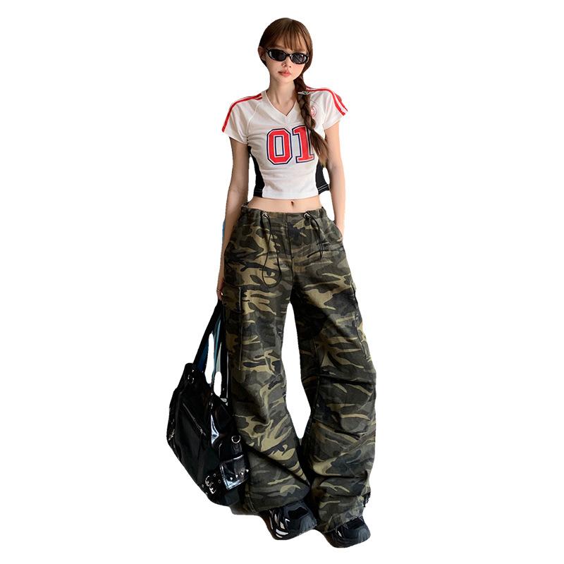 American retro tooling camouflage pants women's new sports loose wide-leg straight multi-pocket casual pants