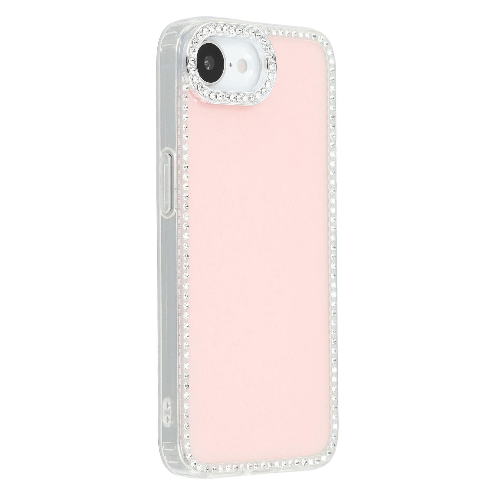 

For iPhone 16e Case Rhinestone Edge Glitter Back TPU+PC IMD Phone Cover Glitter Light Pink