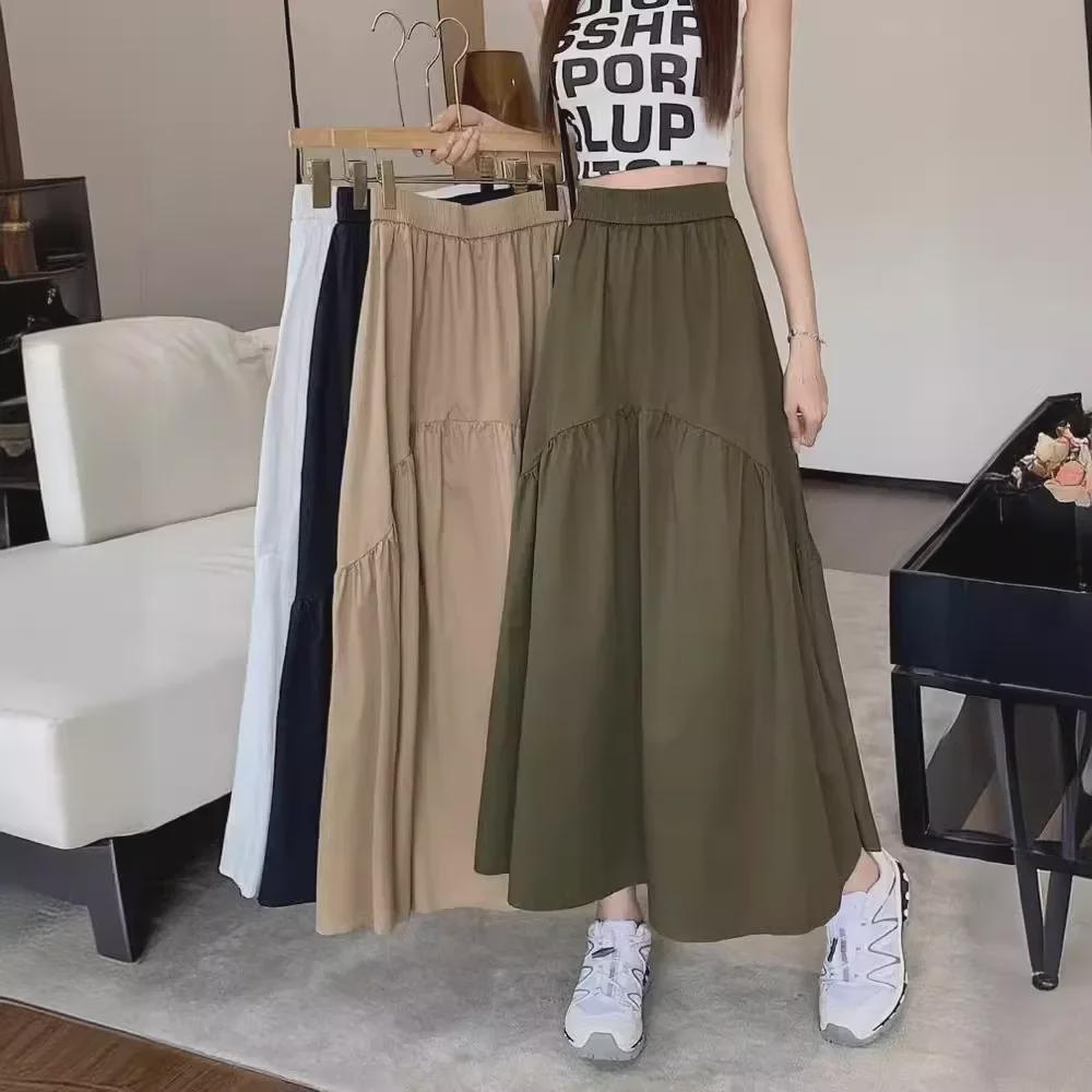 Petite Women's Pleated Patchwork Midi Skirt - 2024 Summer Korean Fashion, Elastic Waist