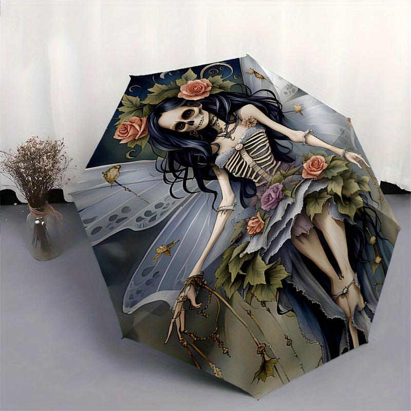 Skeleton Fairy, Fantasy Art Theme Automatic Open/Close Umbrella, Portable 3 Fold Compact Umbrella for Men & Women, Valentine's Day Mother's Day Gift